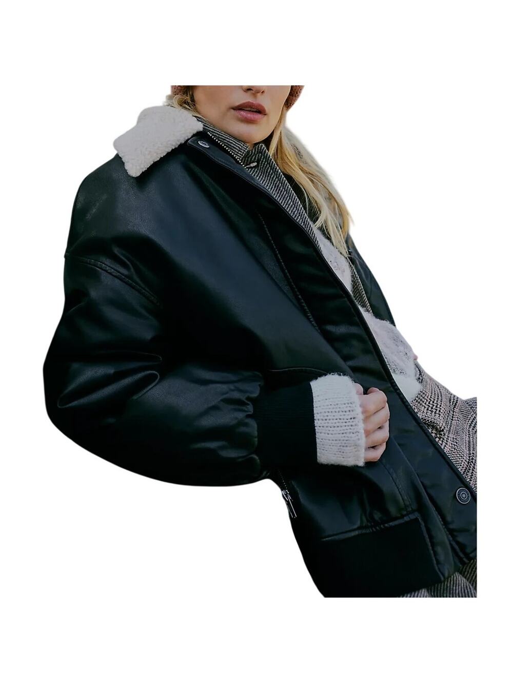 Free People Vegan Black Combo Shana Aviator Jacket Size S